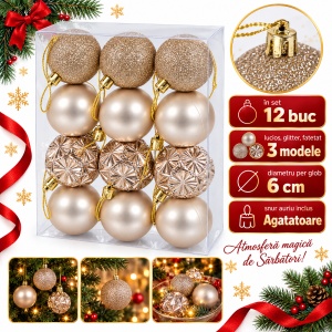 Set de 12 Globuri de Crăciun Champagne, 6 cm, Plastic, model Mat, Lucios și cu Sclipici - Img 2