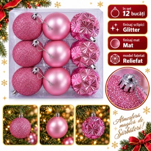 Set de 12 globuri de Crăciun, roz, modele asortate in set, din plastic, 6 cm