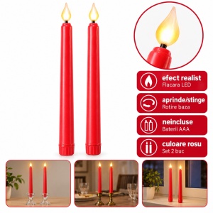 Set de 2 Lumânări LED cu efect de flacara realist,conice, din plastic, rosu, 25cm