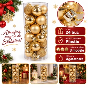 Set de 24 globuri de brad, auriu, din plastic, modele diverse, 20 × 7,5 cm - Img 2