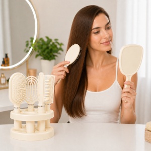 Set de 4 Perii de Păr și Oglindă cu Suport, Crem – Kit Complet pentru Coafare și Îngrijire - Img 3