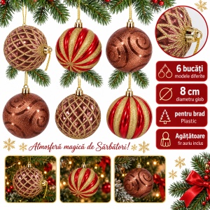 Set de 6 globuri de brad, din plastic, modele diverse, arămiu și roșu-auriu, 7 cm - Img 6