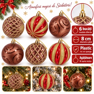 Set de 6 globuri de brad, din plastic, modele diverse, arămiu și roșu-auriu, 7 cm