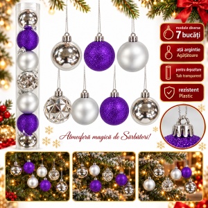 Set de 7 globuri pentru brad, din plastic, argintiu și mov, modele diverse in set, 48×6 cm