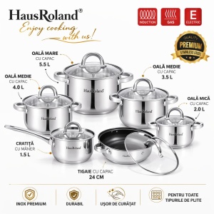Set oale inox HausRoland 12 piese cu capace din sticlă, tigaie și cratiță, compatibil inducție - Img 3