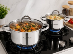 Set oale inox HausRoland 12 piese cu capace din sticlă, tigaie și cratiță, compatibil inducție - Img 4
