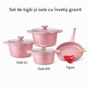 Set tigăi și oale cu înveliș granit antiaderent, capace sticlă, 7 piese, Roz - Img 3
