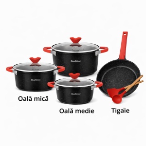 Set tigăi și oale cu înveliș granit antiaderent, capace sticlă, 7 piese, Negru - Img 2