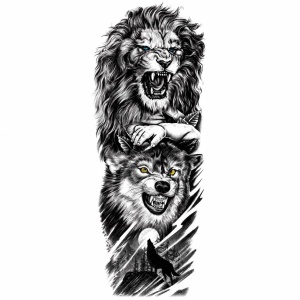 Tatuaj Semipermanent Leu și Lup – 45 cm - Design Realist Black & Grey - Img 1