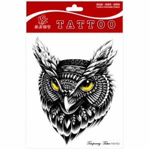 Tatuaj Temporar Semipermanent Bufniță Tribală cu Ochi Galbeni – 20 cm, Rezistent la Apă