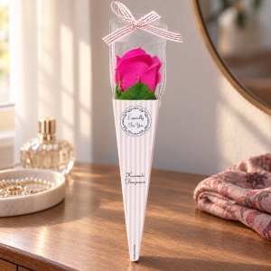 Trandafir roz inchis artificial, in cutie cadou transparentă cu funda, 25cm - Img 3