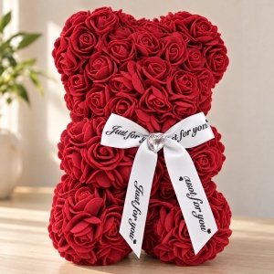 Ursuleț din trandafiri artificiali bordo, cu fundă albă „Just for you” - Img 6