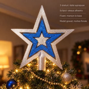 Vârf de brad stea decorativă, argintiu cu albastru sclipitor, 3 straturi, 17cm - Img 2
