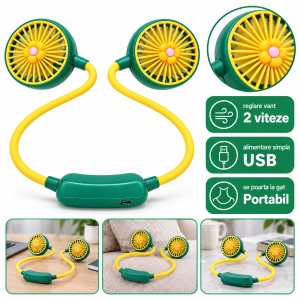 Ventilator de gât portabil cu 2 trepte de viteză, alimentare USB, galben-verde - Img 2