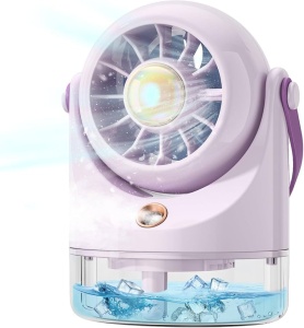 Ventilator portabil cu pulverizare apa si rezervor, 3 trepte viteza, lumina LED, USB, mov