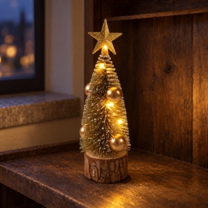 Brad decorativ cu LED de Craciun, auriu glitter, baza lemn natural, 24 cm - Img 3