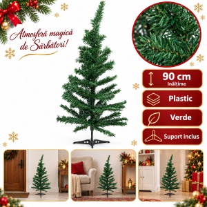 Brăduț de Crăciun artificial, 90 cm, verde, din plastic, cu suport metalic inclus