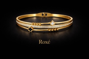 Bratara ROXE aurie cu trifoi alb si negru si cristale design elegant inchizatoare fixa - Img 2