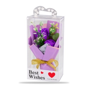 Buchet cadou cu 3 trandafiri de săpun mov, în cutie transparentă, 30 cm - Img 3