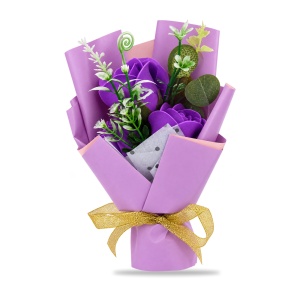 Buchet cadou cu 3 trandafiri de săpun mov, în cutie transparentă, 30 cm - Img 6