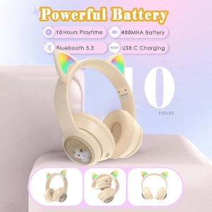 Casti wireless Bluetooth cu urechi de pisica LED, pliabile, pentru copii si adulti, crem - Img 4
