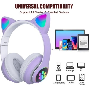 Căști wireless cu urechi de pisică și lumini LED, design ergonomic, mov - Img 2