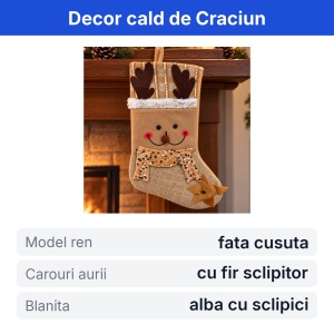 Ciorap de Craciun decorativ, model ren, iuta bej cu carouri aurii, 35x18cm - Img 2