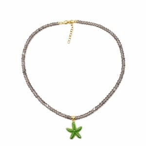 Colier Roxe de vara cu pietricele gri si pandantiv stea de mare verde, reglabil 40 cm