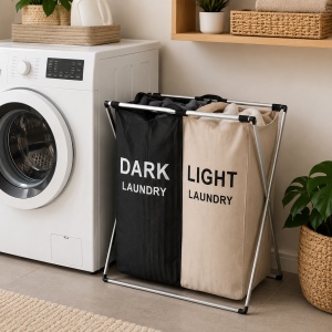 Cos dublu pentru rufe DARK LIGHT, pliabil, compartimentare haine, cadru metalic - Img 3