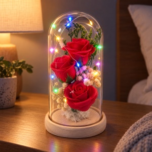 Cupolă cu trandafiri roșii și lumini LED multicolore, suport din lemn, 22 cm - Img 3