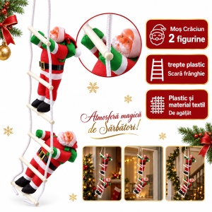 Decorațiune de Crăciun cu 2 Moș Crăciun pe scară, plastic și textil, 65 cm - Img 6