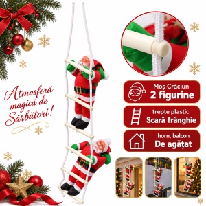 Decorațiune de Crăciun cu 2 Moș Crăciun pe scară, plastic și textil, 65 cm