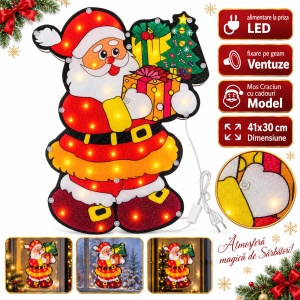 Decorațiune LED de Crăciun Moș Crăciun, fixare pe geam, 41x30 cm