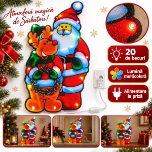 Decorațiune luminoasă de Crăciun cu Moș Crăciun și ren, 20 becuri multicolore, priză, 50×27 cm