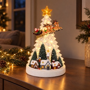 Decoratiune luminoasa de Craciun cu muzica, model cu bradut, peisaj de iarnă și sania Moșului, 27 cm - Img 4