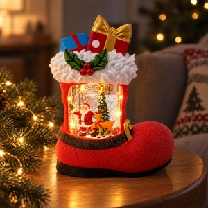 Decoratiune luminoasa de Crăciun, cu muzică, model Ghetuta cu cadouri, 20x9 cm - Img 3