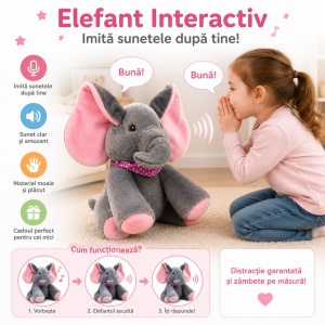 Elefant de plus interactiv cu urechi roz, 30cm, , repeta si imita sunete copii - Img 2