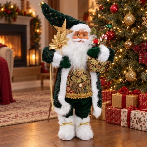 Figurină Moș Crăciun decorativă cu toiag și sac cadouri, costum verde cu broderii aurii, 65 cm - Img 3