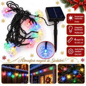 Instalatie de Craciun solara, 4m, multicolora, 20 LED-uri in forma de clopotei, fir negru
