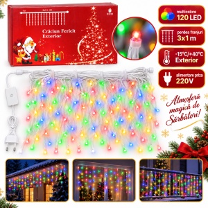 Instalație de Crăciun tip ploaie, 120 LED-uri, 3 × 1 m, exterior, fir alb, multicoloră
