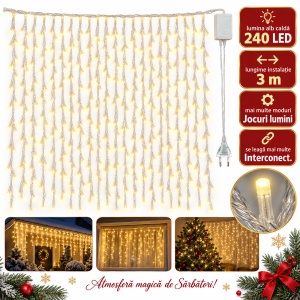 Instalație de Crăciun tip ploaie, 240 LED alb cald, 3 m, fir 2 m, interconectabilă