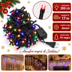 Instalație de Crăciun tip țurțuri, 17 m, 200 LED-uri, multicolor, fir negru