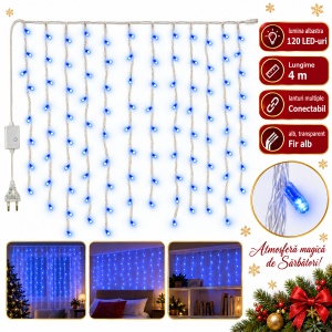 Instalatie LED tip ploaie, 120 de LED-uri albastre, 4 m, fir alb, interconectabila
