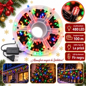 Instalație LED tip rolă, 100 m, 480 LED multicolore in forma de diamant, fir negru - Img 2