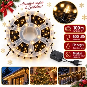 Instalație LED tip rolă, 100 m, 600 LED-uri, fir negru, LED alb cald - Img 6