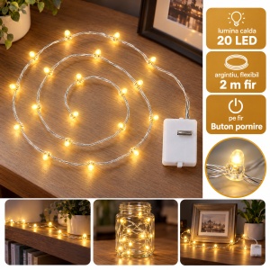 Instalație luminoasă LED, 20 LED-uri, fir argintiu de 2 m, lumină albă caldă - Img 5