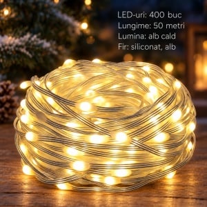 Instalație luminoasă liniară de Crăciun, 400 LED-uri, 50 m, fir siliconat, alb cald