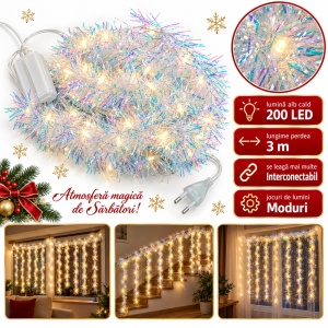 Instalație perdea cu beteală albă irizantă, 3 m, fir 1 m, 200 LED alb cald, interconectabilă