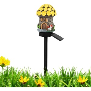 Lampă solară LED decorativă pentru grădină, design ciupercă cu flori galbene, plastic durabil - Img 2