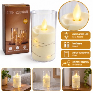 Lumânare LED decorativă în pahar, cu efect flacără, 10 cm